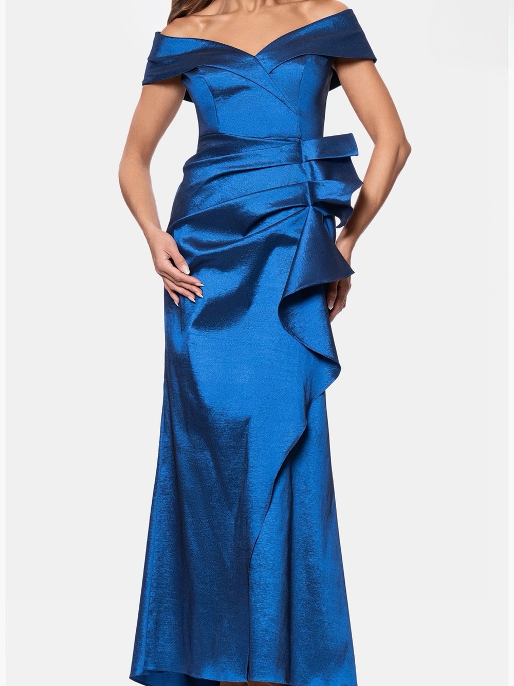 Xscape Off Shoulder Evening Gown in sapphire Blue